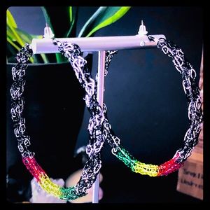 2.5” Handmade B&W Rasta Color Block Hoop Earrings